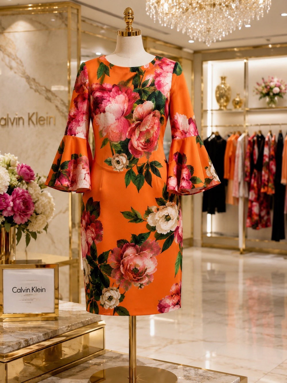 Calvin Klein Vibrant Orange Peony Floral Stretch Sheath Dress with Bell Sleeves